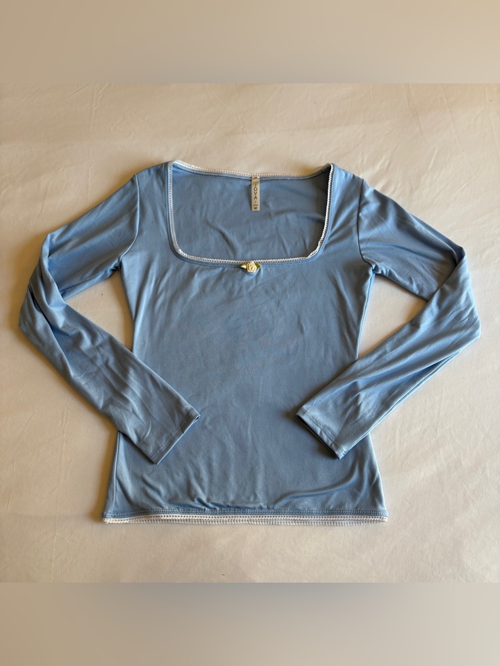 Jova Blue Rosette Detail Buttery Soft Double Layered Square Neck Long Sleeve Top